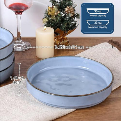 LIANYU Pasta Bowls Set of 4, 8.25’’ Wide Shallow Salad Serving Plate | Stoneware Ceramic Dinner Bowl Plates for Home Kitchen, Microwave & Dishwasher Safe, Serenity Blue - color: Serenity Blue