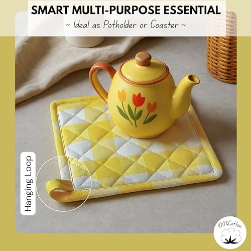 Native Fab Buffalo Plaid Check Oven Mitts and Pot Holders Set of 4, 100% Cotton Heat Resistant Kitchen Gloves, 2 Oven Mitts (7x13), 2 Pot Holders (8x8) for Cooking & Baking, Lemon Yellow White - color: Buffalo, Lemon Yellow