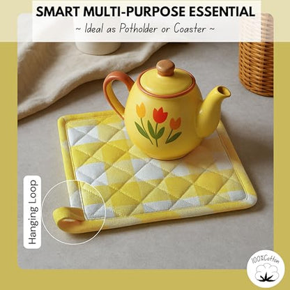 Native Fab Buffalo Plaid Check Oven Mitts and Pot Holders Set of 4, 100% Cotton Heat Resistant Kitchen Gloves, 2 Oven Mitts (7x13), 2 Pot Holders (8x8) for Cooking & Baking, Lemon Yellow White - color: Buffalo, Lemon Yellow