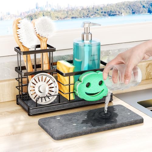 SWTYMIKI Kitchen Sink Caddy Organizer, Quick Dry Smiley Face Sponge Holder with Instant Drying Stone, Large Rustproof Sink Organizer for Kitchen Countertop Organization, Black - color: Black-drying Stone