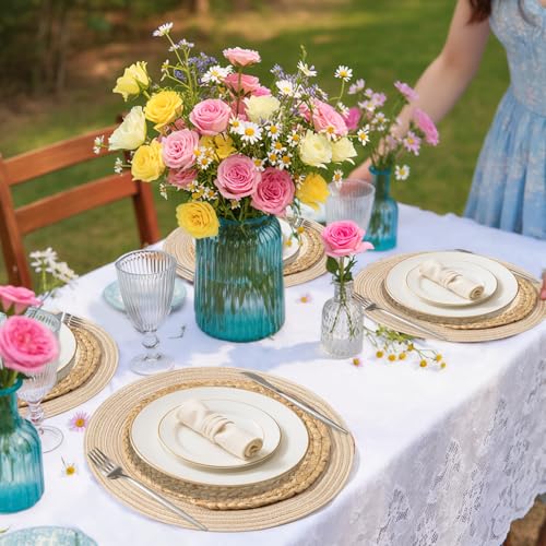 Handmade Round Boho Placemats Set of 6 | Natural Woven & Polyester Braided Combo Table Mats | 12-Piece Versatile Place Mats | Simple Rustic Farmhouse Style Dining Table Decor, Beige - color: Beige