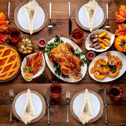 Boho Woven Placemats Set of 6 with Wooden Napkin Rings, 13" Natural Water Hyacinth Table Mats Charger Plates for Christmas Decorations, Thanksgiving, Rustic Dining & Home Decor