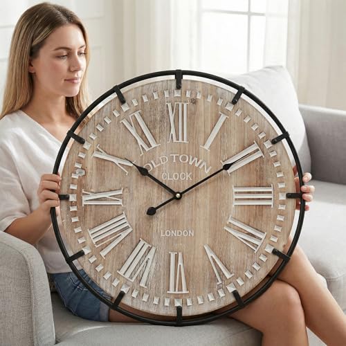 EMAX HOME 24 Inch Large Farmhouse Wall Clock, Rustic Antique Wood with Metal Circle and Large Engraved Numerals, Silent Battery Operated Wall Clock for Office Kitchen Bedroom Living Room - color: Brown, size: 24 Inch Roman numerals