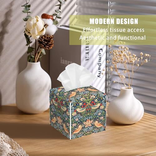 Strawberry Thief Tissue Box Cover Square, William Morris Tissue Box Holder with Bottom Belt Leather Facial Paper Organizer Dispenser for Bathroom Bedroom Dresser Night Stand Tabletop - color: Strawberry Thief