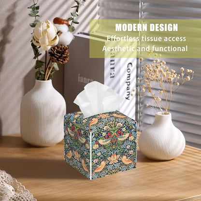 Strawberry Thief Tissue Box Cover Square, William Morris Tissue Box Holder with Bottom Belt Leather Facial Paper Organizer Dispenser for Bathroom Bedroom Dresser Night Stand Tabletop - color: Strawberry Thief