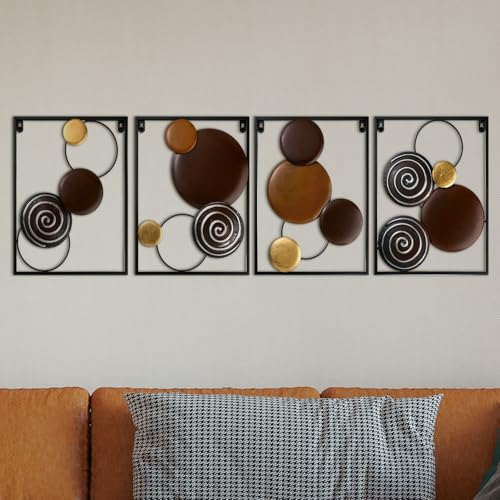 Tandefio 4 Pcs Metal Wall Art Abstract Wall Decoration Brown Metal Decor 14'' x 11'' Minimalist Sculptures Decor Round Style Iron Modern Accent Hanging Housewarming Gift for Home Living Room Bedroom