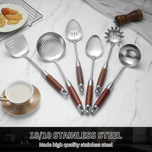 Izurok 18/10 Stainless Steel Kitchen Utensils Set,6 Piece Cooking Utensils With Wood Handle,Heat Resistant Kitchen Tool Set With Spatula, Spoon, Ladle, Skimmer, Slotted Spoon, Pasta - color: SILVER-6 Pieces, size: Large