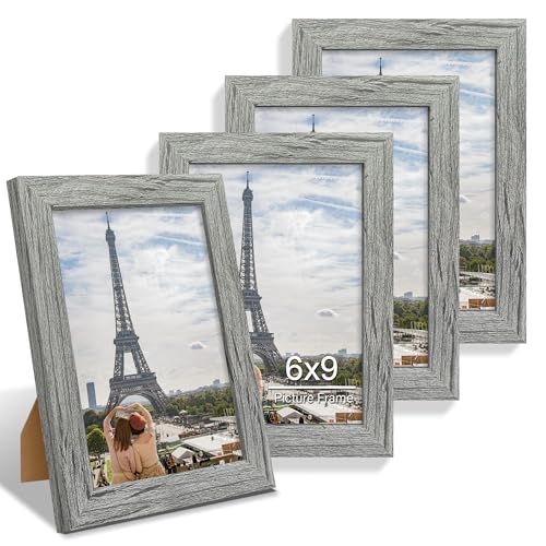 Hongkee 6x9 Picture Frame Set of 4, Made of Real Glass and Grey Wooden Frame - 6 by 9 Photo for Wall or Tabletop Display - color: Grey, size: 6x9 in