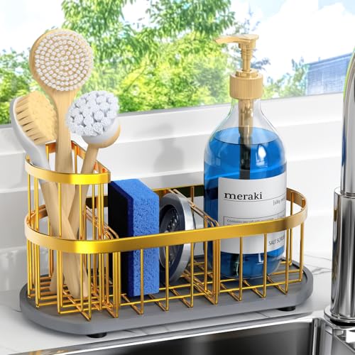 Sink Caddy Kitchen Sink Organizer, Sponge & Brush Holder, Stone Drying Mat - color: Gold