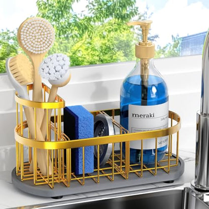 Sink Caddy Kitchen Sink Organizer, Sponge & Brush Holder, Stone Drying Mat - color: Gold