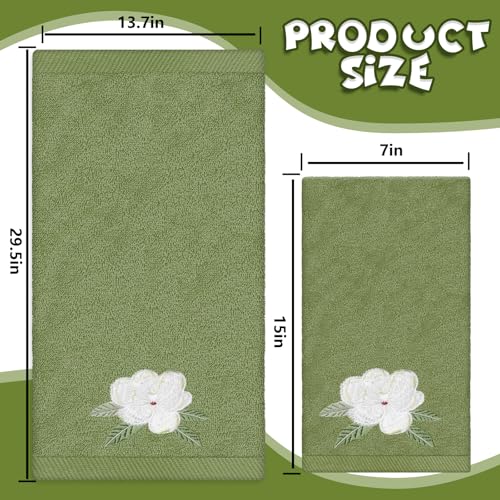 JarThenaAMCS 2 Pack Magnolia Hand Towels Nude Sage Green Flower Embroidered Cotton Dish Towel for Bathroom Hand Drying Kitchen Cleaning, 29.5 x 13.7 Inch