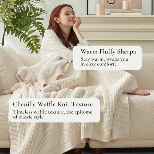 Reversible Waffle Weave Throw Blanket, Chenille Knit with Warm Sherpa, Soft Cozy Blanket for Couch, 50"x60", Ivory - color: Waffle-ivory