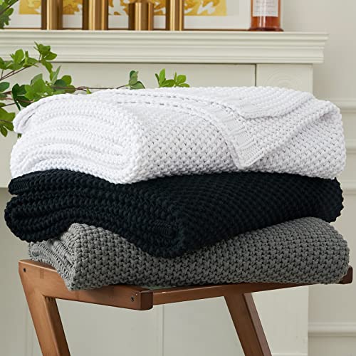 Chunky Cable Knit Throw Blanket Lightweight White 100% Organic Cotton Blanket for Sofa Couch Bed Baby Nursery, Rustic Shabby Chic Modern Farmhouse, Pure White 60” x 80” Give Laundering Bag - color: White, size: 60"x80", Oversize