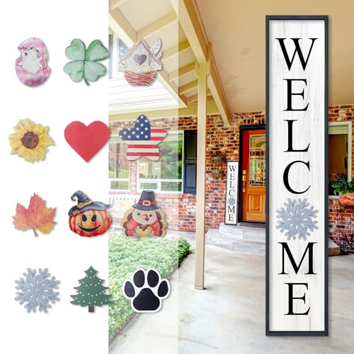 Interchangeable Welcome Sign for Front Porch Door, 45"X9" Black | Outdoor Leaner Home Wooden Frame, 12 Pcs Replaceable Icons, Outside Standing Seasonal Holiday Decorations - color: Interchangeable With 12 Pcs (Black), size: 45"X9"
