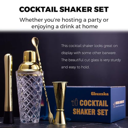 Clear Glass Cocktail Shaker Set 14.2 oz with Gold Lid | Clear glass body with gold lid, 14.2 oz size, jigger, bar spoon, built-in strainer, silicone seal for home cocktails. - color: Gold Set