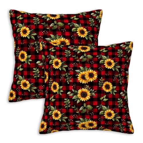 Sunflower Throw Pillow Covers 18x18 Set of 2 | Red Black Buffalo Plaid Farmhouse Cushion Cases | Rustic Decorative Pillow Covers for Couch Sofa Bedroom Living Room - color: Plaid Sunflower