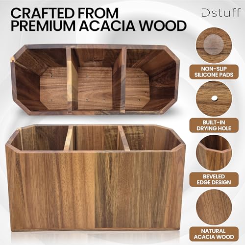 Large Kitchen Utensil Holder for Countertop – Acacia Wood Utensil Organizer with 3 Compartments, Beveled Edges Design, Non-Slip Silicone Pads & Drain Hole – Rustic Farmhouse Utensil Caddy Crock - size: 3 Compartment