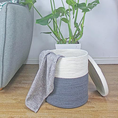 Yimi's Dream Storage Basket with Lid, Small Round Lidded Cotton Rope Bins | Small Woven Hamper for Laundry, Toys, Nursery, Entryway, Blankets, and Home Organization(White & Grey, 11.5D x 13.5H Inch) - color: 1 PACK-Grey&White-LIDDED