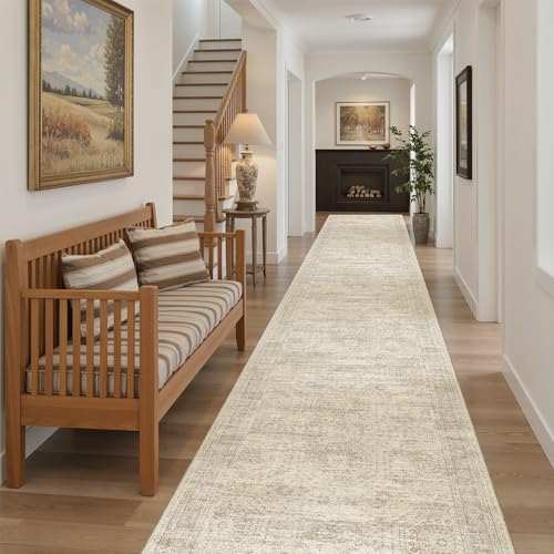 Soalmost Hallway Runner Rug 2'6" x 14' Washable Long Kitchen Rugs Beige | Non-Slip Vintage Runners 2.5x14ft for Bathroom Entryway, Thin Low-Pile Foldable 14 ft Floor Carpet Mat for Corridor Bedroom - color: Beige, size: 2'6" x 14' (Runner)
