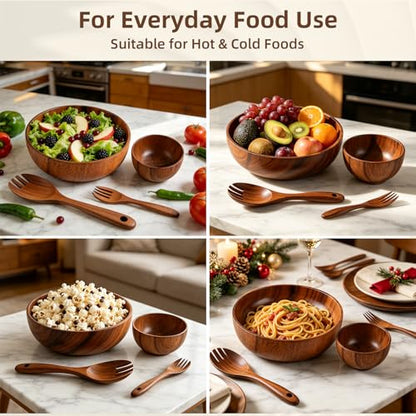 Acacia Wood Salad Bowl Set (4-Piece) | Wooden Bowls,Safe for Warm Food,Durable & Easy to Clean,Everyday Kitchen Use,Serving Bowls for Party