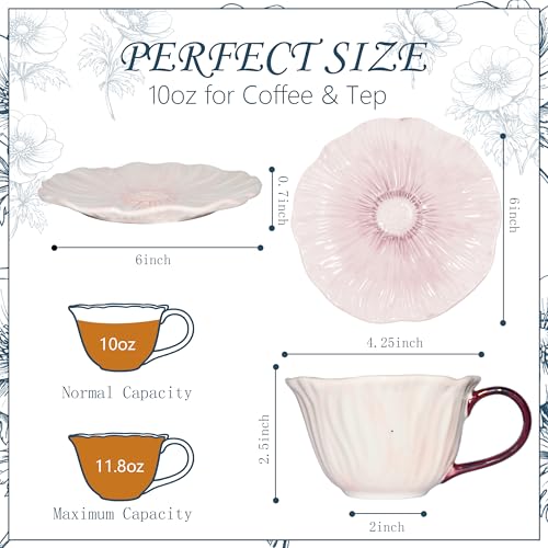 10 oz Tea Cups and Saucers, Hand-Painted Ceramic Flower-Shaped Coffee Cup | Saucer Set, Microwave & Dishwasher Safe, Elegant Floral Cup Set Gift for Women - color: Purple