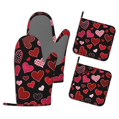 Red Hearts Pot Holders and Oven Mitts,Cute Oven Mitts Heat Resistant Cotton Lining Anti-Slip Silicone Kitchen Mitts Set Hot Pads for Microwaves Cooking Baking Grilling - color: Red Hearts