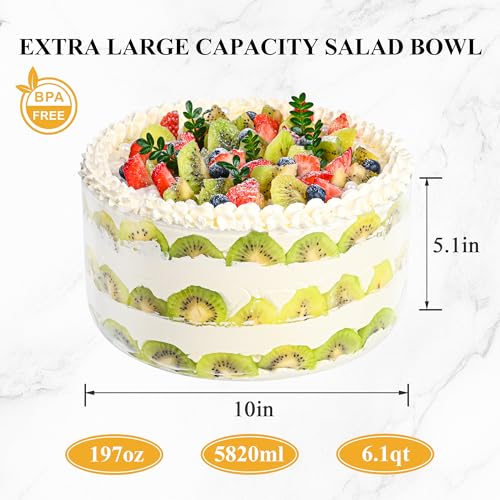 Glass Trifle Bowl with Airtight Lid, 197oz Large Salad Bowl, Glass Serving Bowl for Popcorn, Cake, Salad, Fruit, Baking, Dessert and Party Diy, BPA Free, Oven, Dishwasher Safe - size: 10 INCH