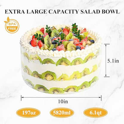 Glass Trifle Bowl with Airtight Lid, 197oz Large Salad Bowl, Glass Serving Bowl for Popcorn, Cake, Salad, Fruit, Baking, Dessert and Party Diy, BPA Free, Oven, Dishwasher Safe - size: 10 INCH