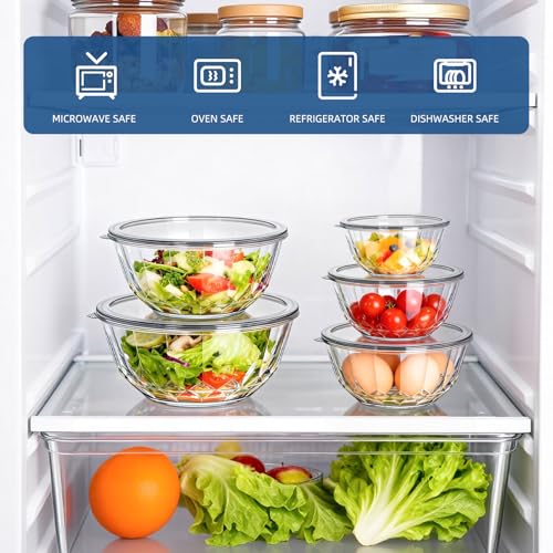 Luvan 5-Piece Glass Mixing Bowls Set with Lids - Clear Salad Bowls with Lids Set, Diamond Pattern Large Glass Mixing Bowl for Baking Prep, Serving & Storage - color: Clear Gray