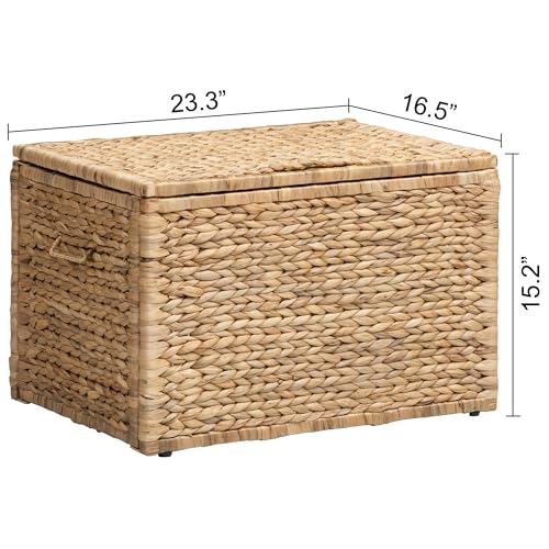 Storage Trunk with Metal Frame, Natural, 23.3 by 16.5 by 15.2 Inches | Safety Hinge, Heavy-duty Wicker Chest, Handwoven Water Hyacinth - color: Natural (Hyacinth), size: 23.3" x 16.5"