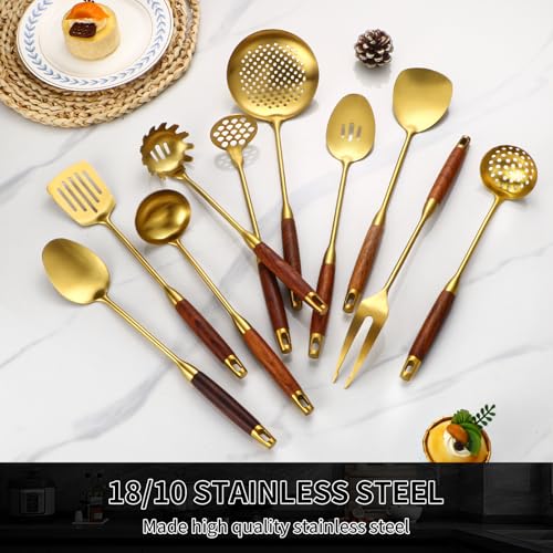 Izurok 18/10 Stainless Steel Kitchen Utensils Set,10 Piece Cooking Utensils With Wood Handle,Heat Resistant Kitchen Tool Set With Spatula,Spoon,Ladle,Skimmer,Slotted Turners,Pasta,Turner,Ladl,Fork - color: GOLD-10 Pieces, size: Small