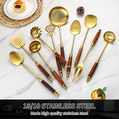 Izurok 18/10 Stainless Steel Kitchen Utensils Set,10 Piece Cooking Utensils With Wood Handle,Heat Resistant Kitchen Tool Set With Spatula,Spoon,Ladle,Skimmer,Slotted Turners,Pasta,Turner,Ladl,Fork - color: GOLD-10 Pieces, size: Small