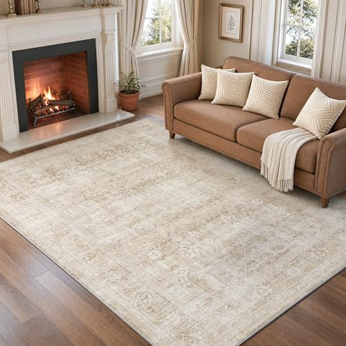 Beauoop 5x7 Washable Beige Neutral Vintage Large Area Rug for Living Room | Distressed Oriental Retro Traditional Non Slip Low Pile Thin Soft Indoor Rug Cream Pattern Bedroom Dining Room Office Nursery - color: Beige, size: 5' x 7' (Rectangular)