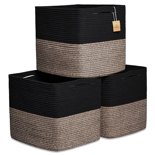 NaturalCozy 13x15x13 Kallax Storage Cubes Bins, 3 Pack | Cotton Rope Cube Storage Bin Woven Baskets for Organizing | Kallax Insert Storage Baskets for Shelves Organizer, Kids Toy, Closet Baby Nursery - color: Black & Mixed Black, size: 15 x 13 x 13 (Kalla