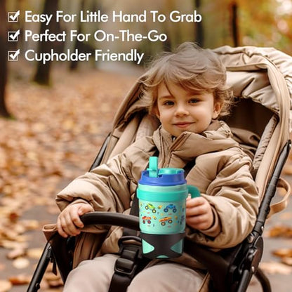 16oz Kids Insulated Tumbler w/Handle, 2 Pack Kids Toddler Water Bottle Cup | Leak-Proof Sip/Swig 2-in-1 Lids, BPA FREE 18/8 Stainless Steel Drinking Sippy Cup w/Straw Travel Mugs for Children Boys Girls - color: B4.Dinosaur & Monster Car