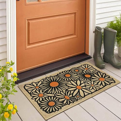 Welcome Mats Daisy Flower Front Door Mat for Outside Patio Entrance 17"x30" | Non-slip backing, durable, low profile, summer outside entryway rugs, housewarming gifts, for home farmhouse kitchen hallway - color: White Daisy Flower