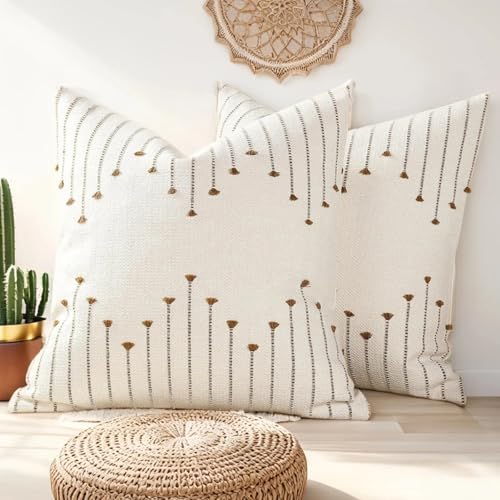 ZONYO Throw Pillow Covers 20x20 Set of 2, Textured Woven Cotton Decorative Cushion Covers with Fringe Tassel, Fade Resistant Washable for Couch Sofa Bed Patio, Boho Farmhouse Modern Decor, Brown - color: Brown, size: 20" x 20" (Pack of 2)
