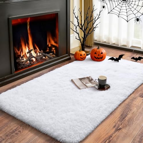 Fluffy Rug Shaggy Area Rug, Snow White 2x4 Small Rugs for Fireplace Holiday Christmas Decor, Mini Fuzzy Plush Kids Bedside Rug, Soft Non-Slip Entryway Throw Rugs Shag Catpet for Living Room ﻿ - color: White, size: 2' x 4' (Rectangular)