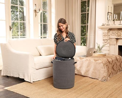 16"x20" Extra Large Cotton Rope Basket with Zipper Lid, Woven Laundry Hamper and Blanket Storage Basket, Round Clothes Bin for Living Room Bedroom, Dark Grey - color: All Dark Grey
