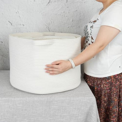 XUANGUO Extra Large Cotton Rope Round Storage Basket 22" x 14" White | Woven basket for blankets, toys, towels, laundry, nursery, living room and pet toy storage. - color: white