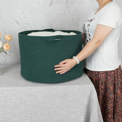 XUANGUO Extra Large Cotton Rope Round Storage Basket 22" x 14" Dark Green | Woven basket for blankets, toys, towels, laundry, nursery, living room and pet toy storage. - color: dark green