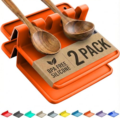 Orange Silicone Spoon Rest for Stove Top with Drip Pad (Two Pack) - Heat Resistant BPA Free Utensil Rest & Spoon Holder for Kitchen Counter - Grill Utensil Chopstick Holder - Spatula Holder - color: Burnt Terracotta, size: Medium - 2 Packs