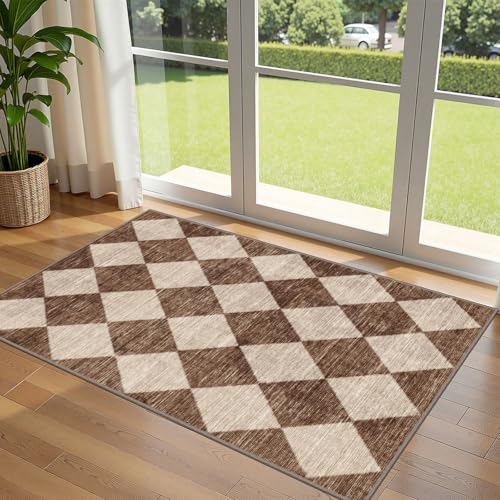 Brown Beige Checkered Entry Rug - 3x5 Non-Slip Indoor Outdoor Rugs | Washable Front Door Mat Porch Rug Farmhouse Diamond Throw Carpet for Living Room Entryway Kitchen Office Fall Porch Decor - color: Diamond - Brown Beige, size: 3' x 5' (Rectangular)
