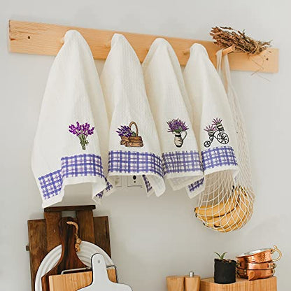 Lavien Home Cotton Kitchen Towels Set of 4 - Lavender Embroidered Tea Towels, Absorbent and Soft Waffle Weave with Plaid, 16x24 inches - color: Lavender Plaid