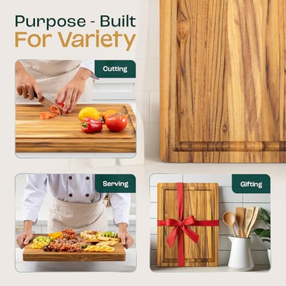 Yes4All Durable Teak Cutting Boards for Kitchen,[16.5''L x 13''W x 1.5”Thick] Medium Edge Grain Cutting Board, Pre Oiled Wood Cutting Boards, Thick Chopping Board w/Juice Grooves and Easy Grip Handle - size: 16.9"L x 13"W, style: Teak
