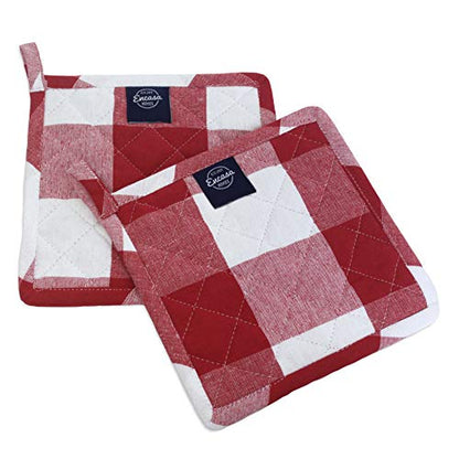 Encasa XO Pot Holders, Quilted Kitchen Hot Pads 8"x8" Buffalo Red Checks | 100% Eco-Friendly Cotton | Thick Cotton Padding Insulation | Convenient Hanging Loop | Set of 2 - color: Buffalo Red Checks