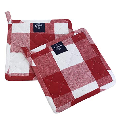 Encasa XO Pot Holders, Quilted Kitchen Hot Pads 8"x8" Buffalo Red Checks | 100% Eco-Friendly Cotton | Thick Cotton Padding Insulation | Convenient Hanging Loop | Set of 2 - color: Buffalo Red Checks
