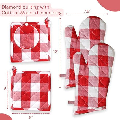 Oven Mitt & Pot Holder Buffalo Plaid Check 100% Cotton Heat Resistant Oven Gloves (7"x13") & Hot Pads (8"x8") Combo for Baking, Cooking - Red - color: Red, Buffalo Plaid