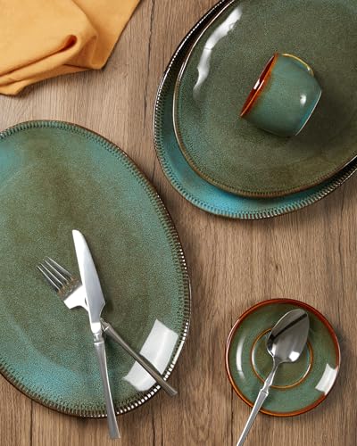 Stoneware Serving Platters, Oval 13.18/11.92 inch Serving Dishes for Entertaining, Ceramic Serving Trays for Party, Fruit, Turkey, Cheese, Trays for Serving Food, Microwave Safe, Brown Green