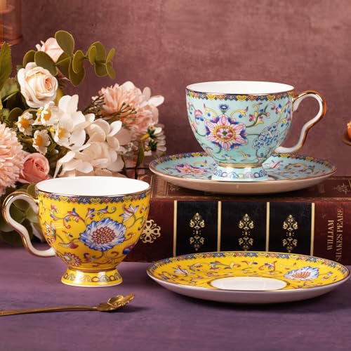 KAMMAK Tea Cup and Saucer, Ceramic Coffee Cups, 7.4 oz, Set of 2 | Porcelain Tea Cups with Saucers for Coffee and Cappuccino, Ideal for Breakfast, Afternoon Tea and Entertaining,940+941N - style: 641N+642N